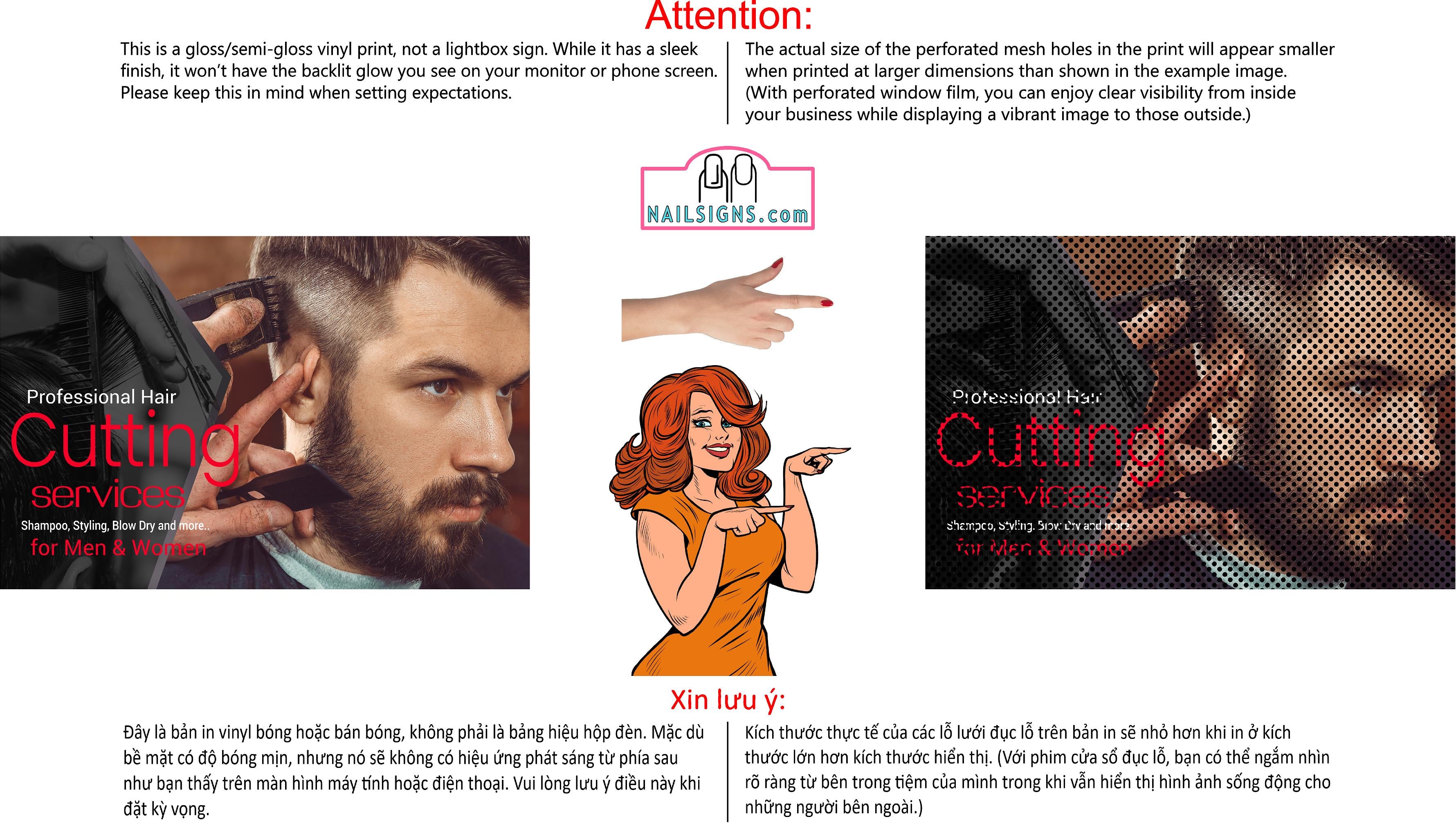 Barber 10 Perforated Mesh One Way Vision Window See-Through Sign Salon Vinyl Beard Men Boy Haircut Horizontal