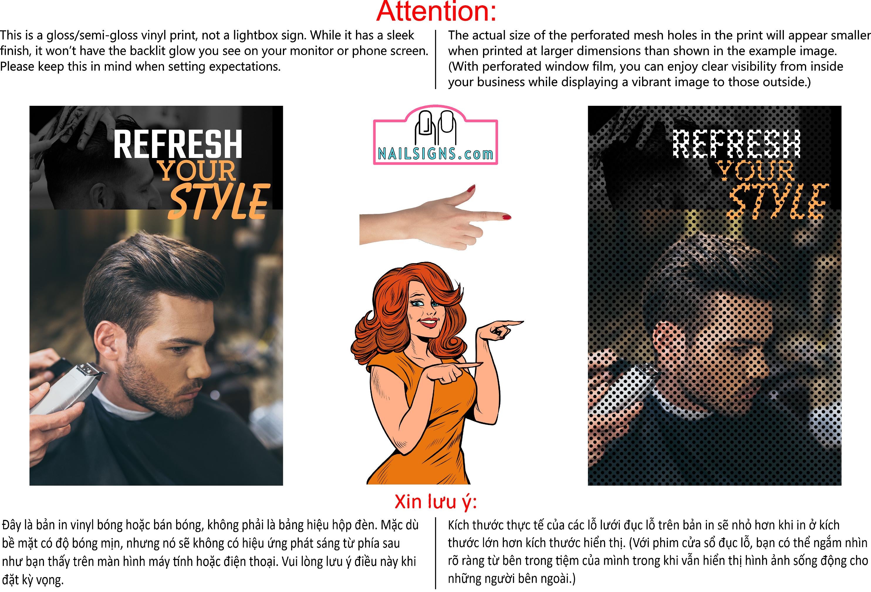 Barber 02 Perforated Mesh One Way Vision Window See-Through Sign Salon Vinyl Beard Men Boy Haircut Vertical