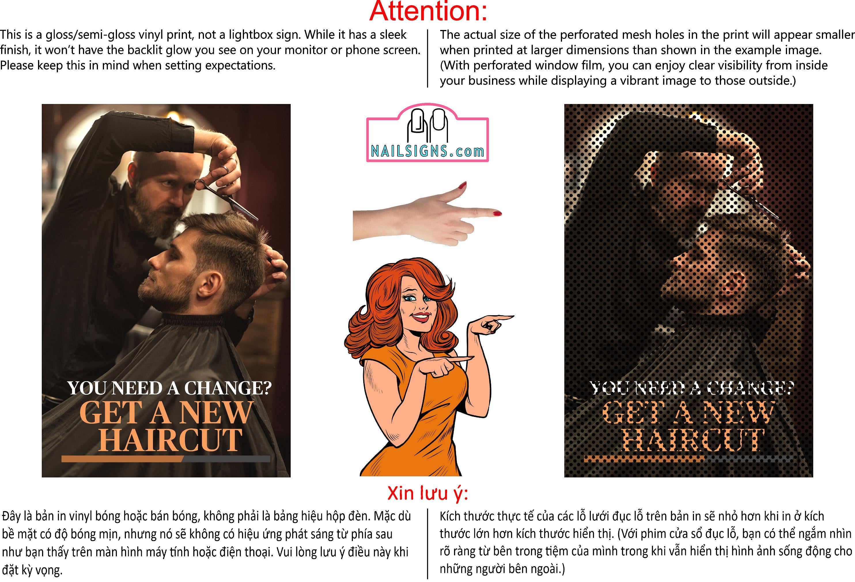 Barber 04 Perforated Mesh One Way Vision Window See-Through Sign Salon Vinyl Beard Men Boy Haircut Vertical