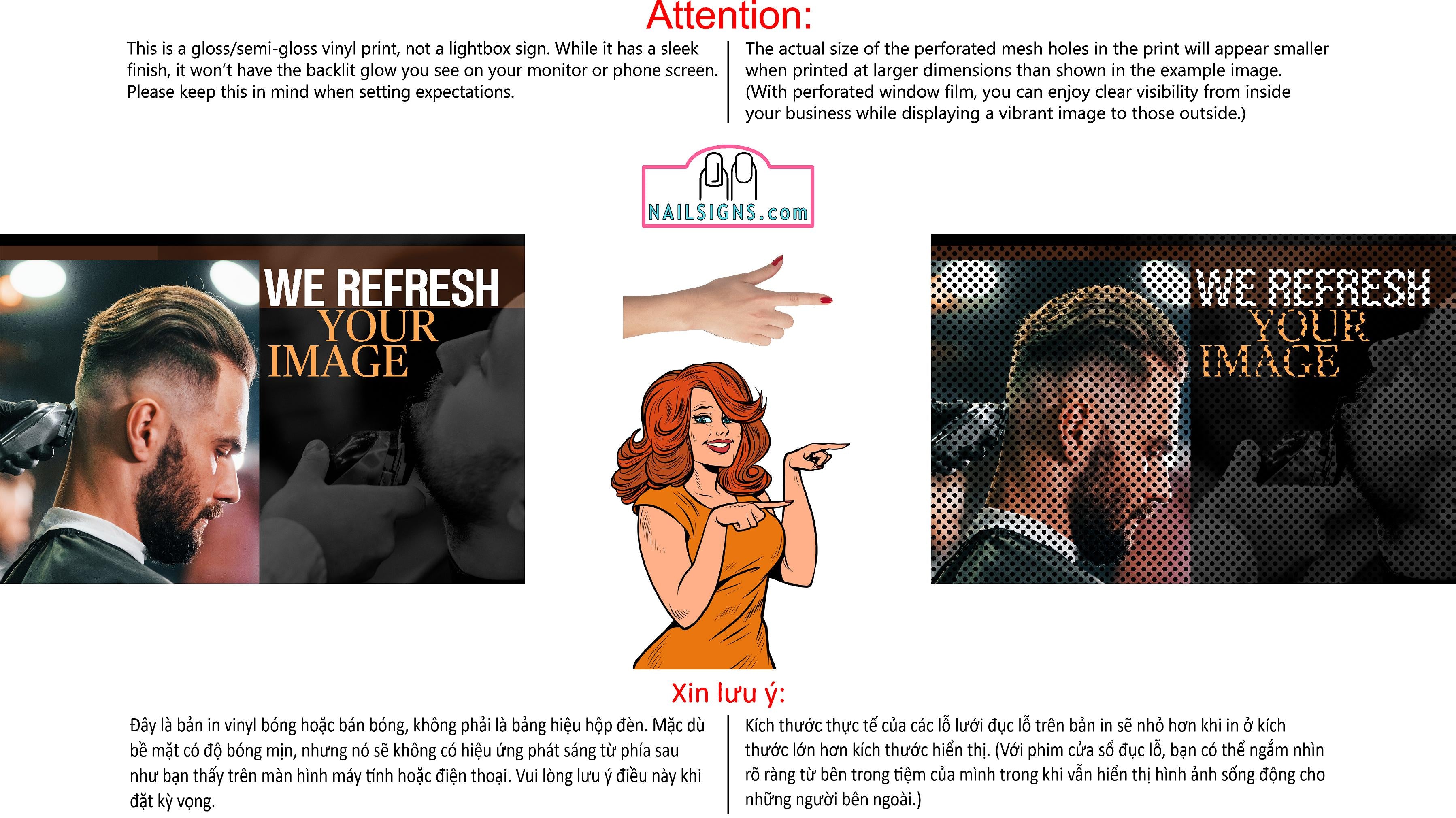 Barber 09 Perforated Mesh One Way Vision Window See-Through Sign Salon Vinyl Beard Men Boy Haircut Horizontal