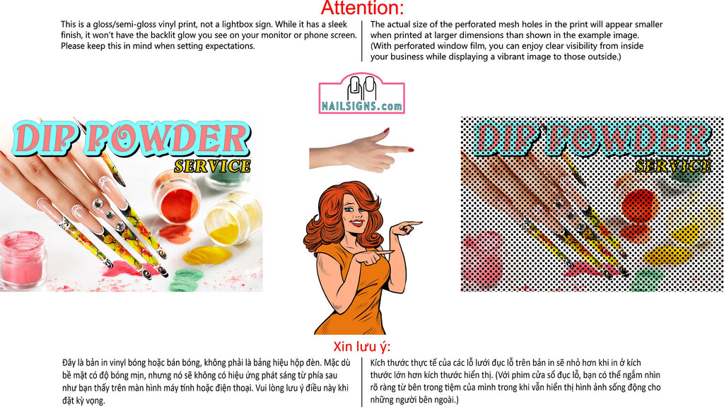 Dip Powder 10 Perforated Mesh One Way Vision See-Through Window Vinyl Nail Salon Sign Horizontal