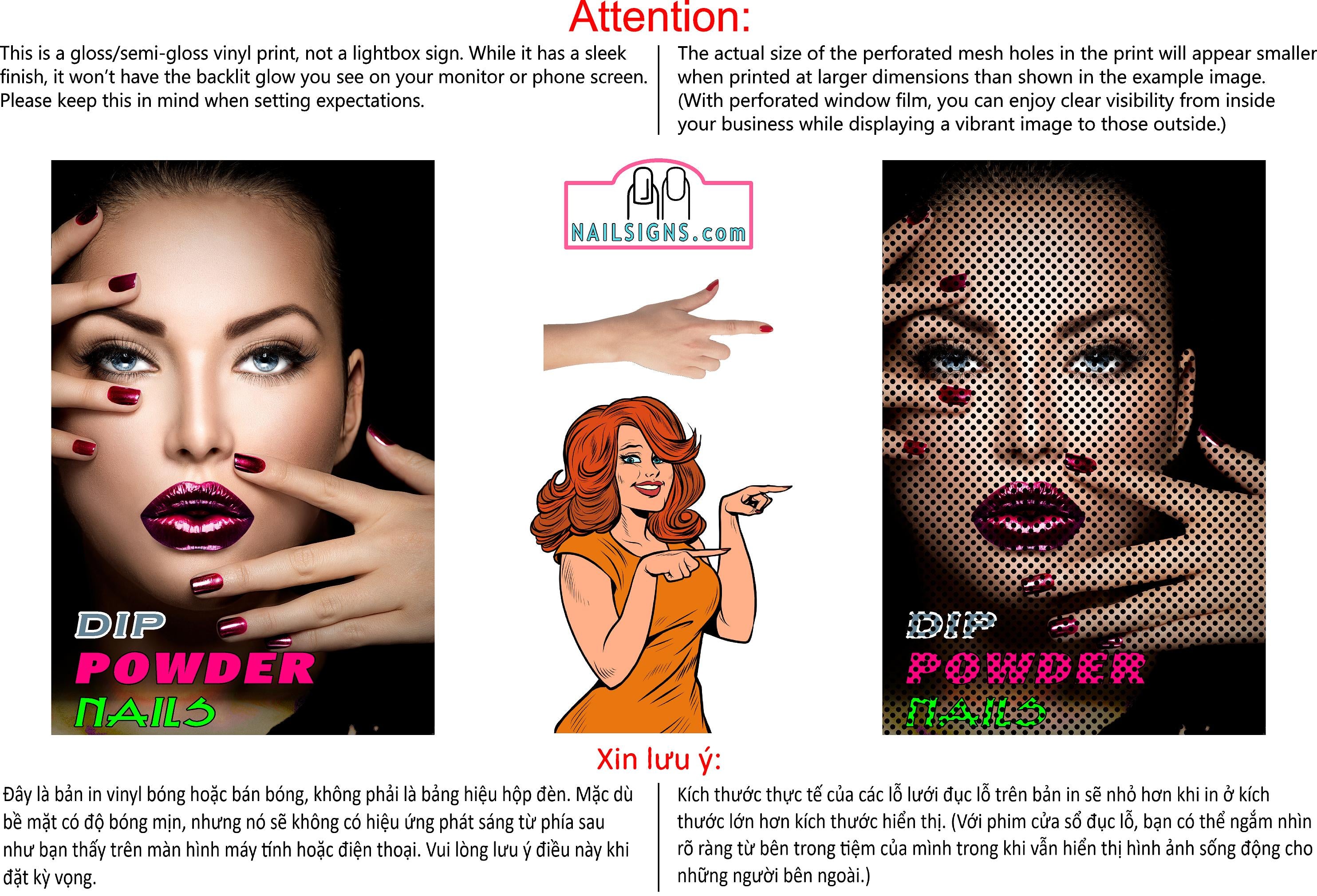 Dip Powder 02 Perforated Mesh One Way Vision See-Through Window Vinyl Nail Salon Sign Vertical