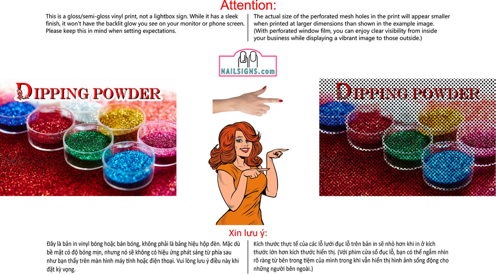 Dipping Powder 10 Perforated Mesh One Way Vision See-Through Window Vinyl Nail Salon Sign Horizontal