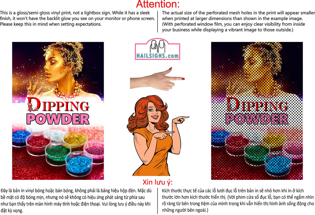 Dipping Powder 04 Perforated Mesh One Way Vision See-Through Window Vinyl Nail Salon Sign Vertical