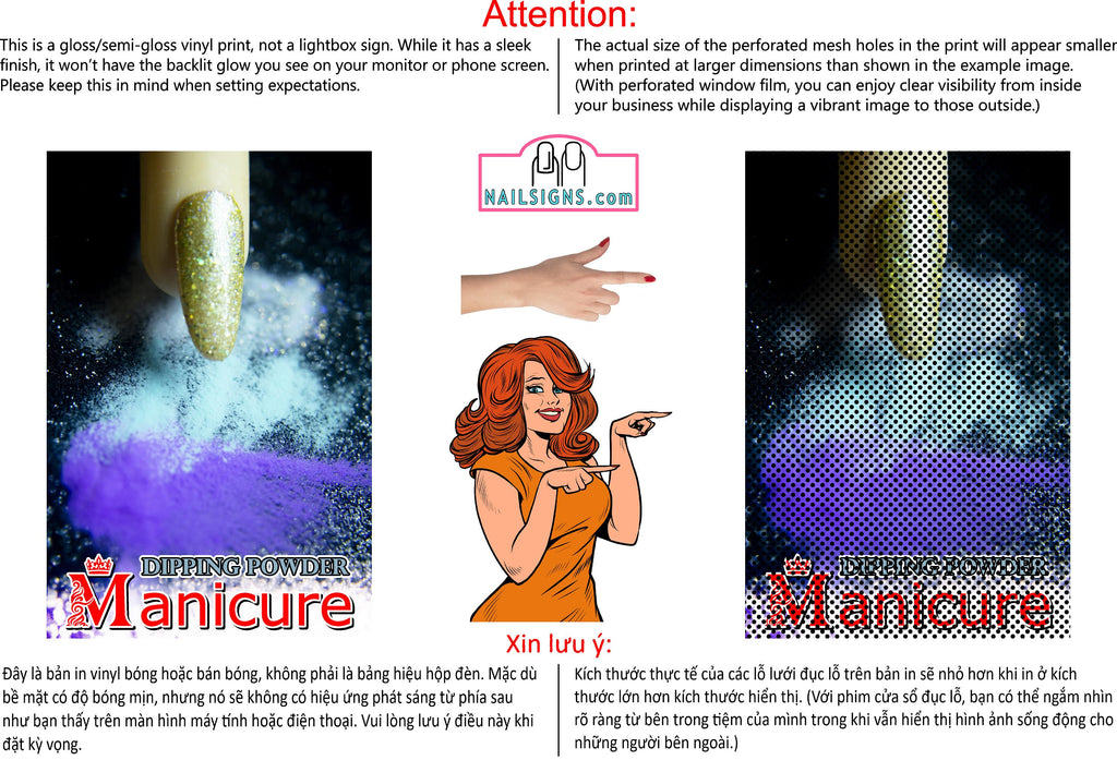 Dipping Powder 08 Perforated Mesh One Way Vision See-Through Window Vinyl Nail Salon Sign Vertical