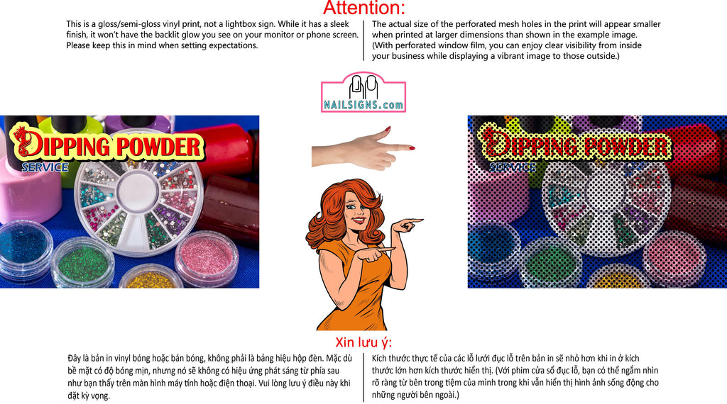 Dipping Powder 09 Perforated Mesh One Way Vision See-Through Window Vinyl Nail Salon Sign Horizontal