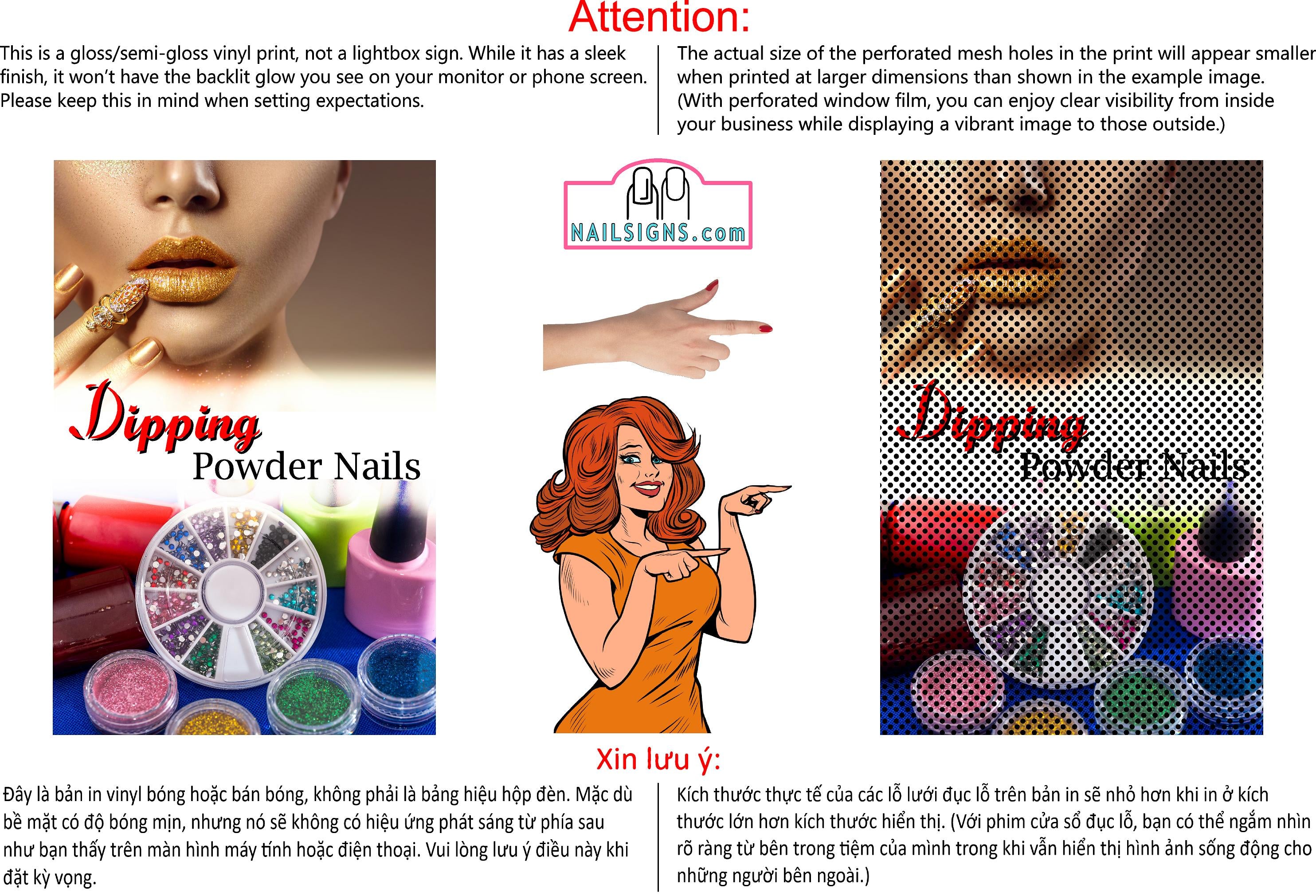 Dipping Powder 01 Perforated Mesh One Way Vision Windows See-Through Window Vinyl Nail Salon Sign Vertical