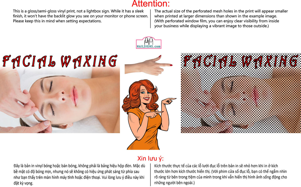 Facial 10 Perforated Mesh One Way Vision See-Through Window Vinyl Salon Sign Horizontal Waxing Care