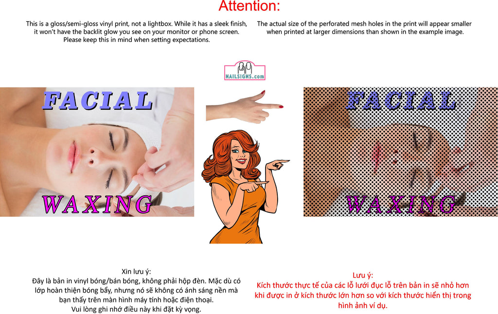 Facial 11 Perforated Mesh One Way Vision See-Through Window Vinyl Salon Sign Horizontal Waxing Care