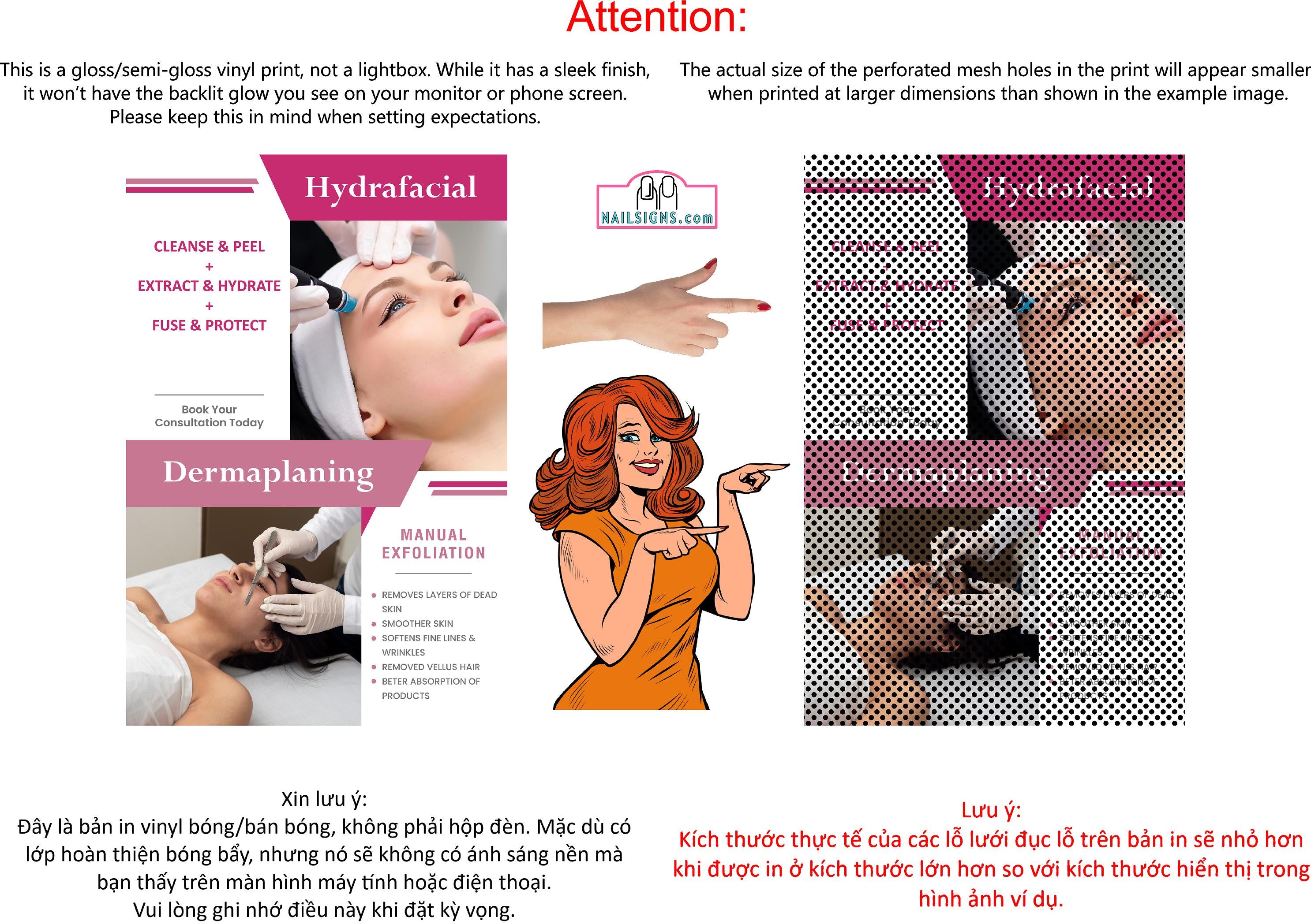 Facial 12 Perforated Mesh One Way Vision See-Through Window Vinyl Salon Sign Hydrafacial Dermaplaning Vertical