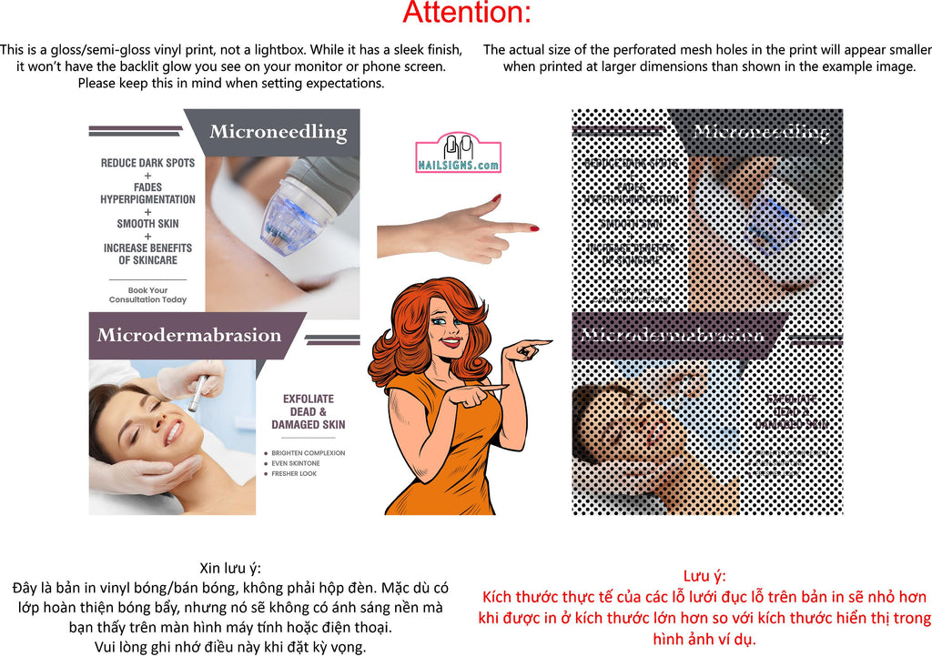 Facial 13 Perforated Mesh One Way Vision See-Through Window Vinyl Salon Sign Waxing Care Microneedling Microdermabrasion Vertical