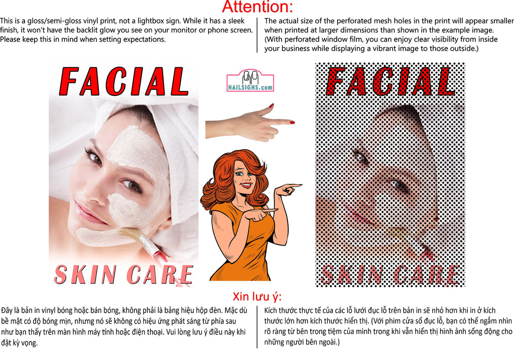 Facial 02 Perforated Mesh One Way Vision See-Through Window Vinyl Salon Sign Vertical Treatment Care