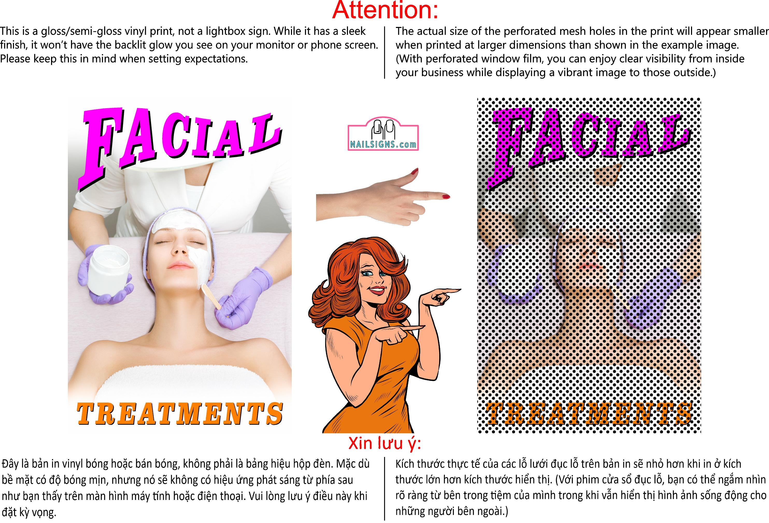 Facial 03 Perforated Mesh One Way Vision See-Through Window Vinyl Salon Sign Vertical Treatment Care
