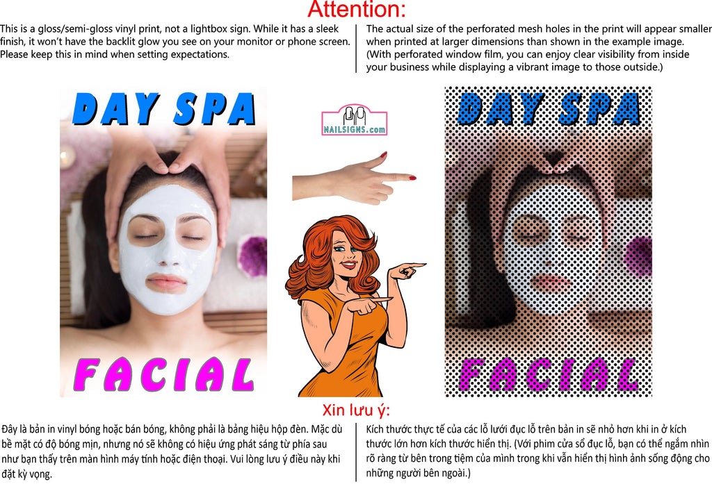 Facial 04 Perforated Mesh One Way Vision See-Through Window Vinyl Salon Sign Vertical Day Spa