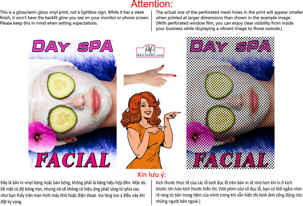 Facial 05 Perforated Mesh One Way Vision See-Through Window Vinyl Salon Sign Vertical Treatment Care