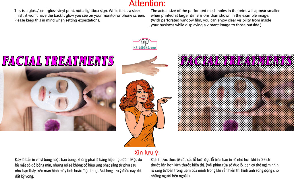 Facial 07 Perforated Mesh One Way Vision See-Through Window Vinyl Salon Sign Horizontal Treatment Care