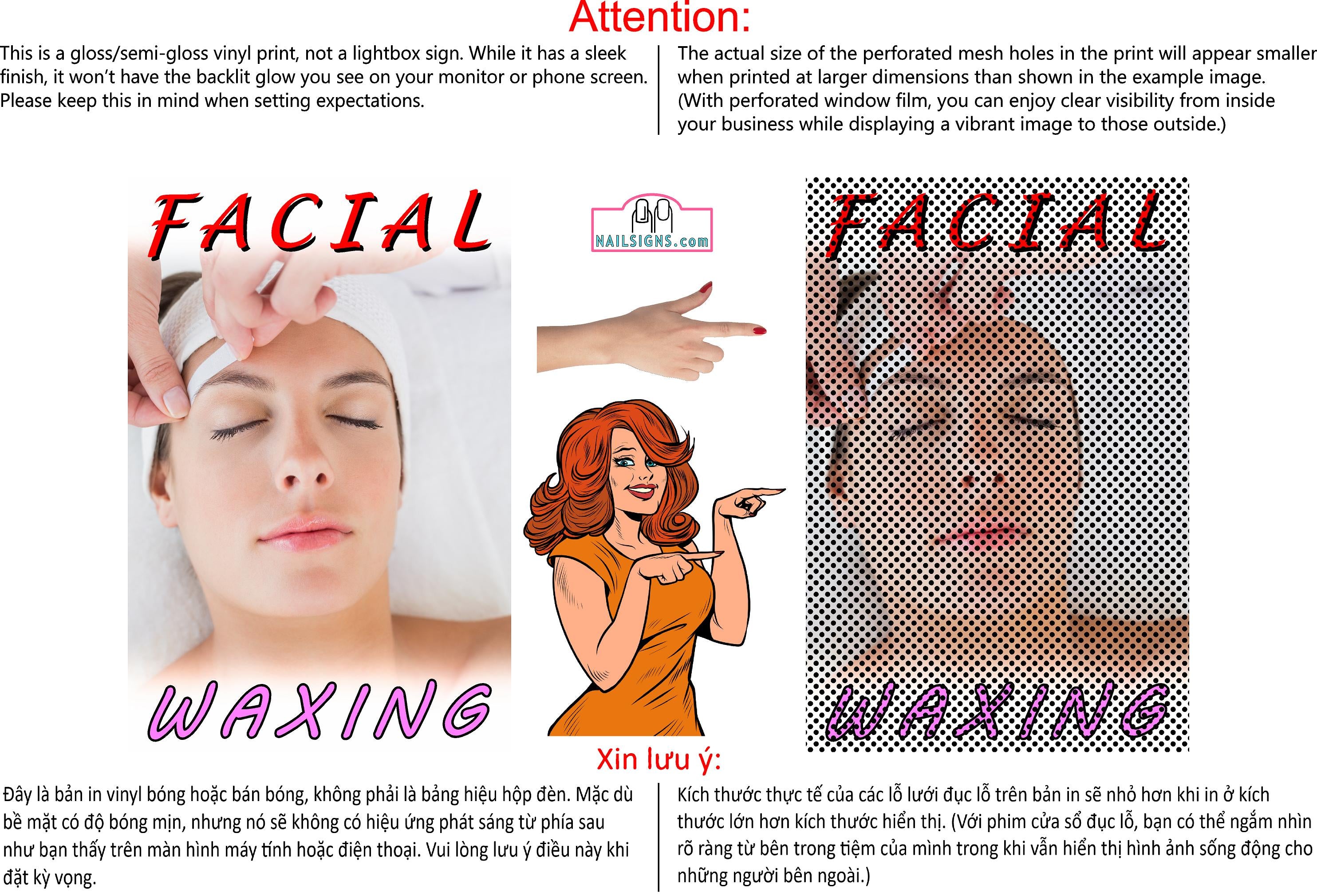 Facial 08 Perforated Mesh One Way Vision See-Through Window Vinyl Salon Sign Vertical Waxing Care