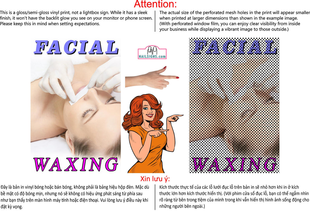 Facial 09 Perforated Mesh One Way Vision See-Through Window Vinyl Salon Sign Vertical Waxing Care