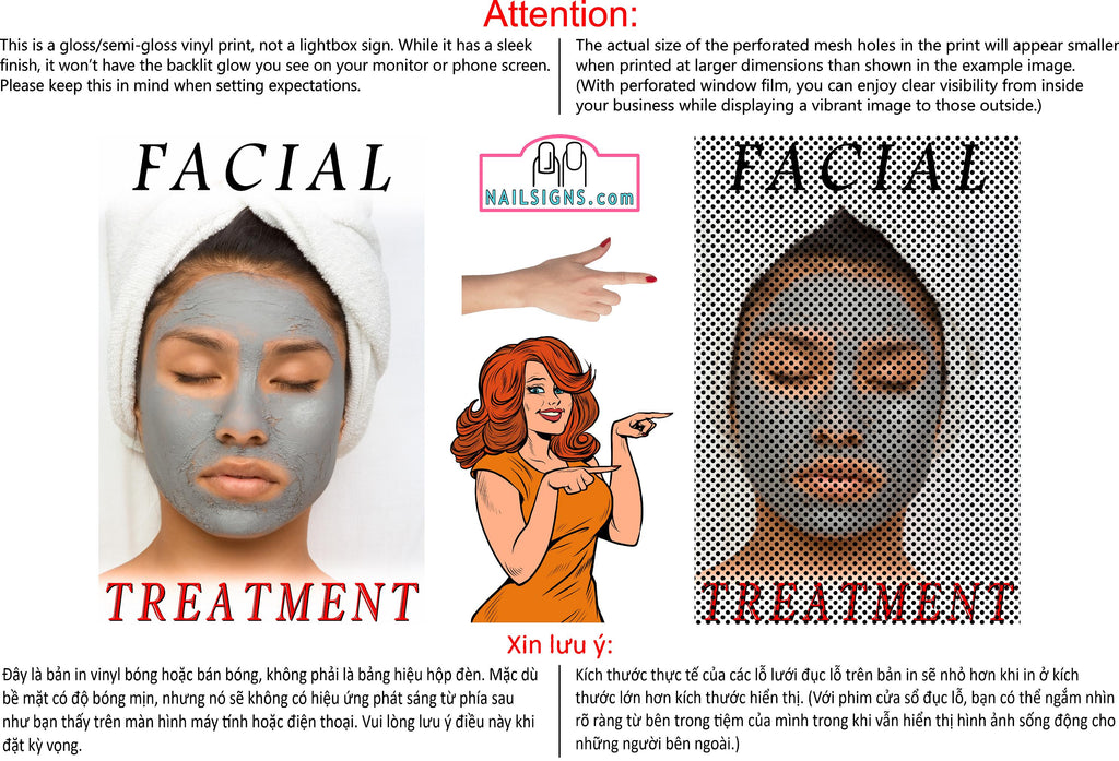 Facial 01 Perforated Mesh One Way Vision See-Through Window Vinyl Salon Sign Treatment Care Vertical