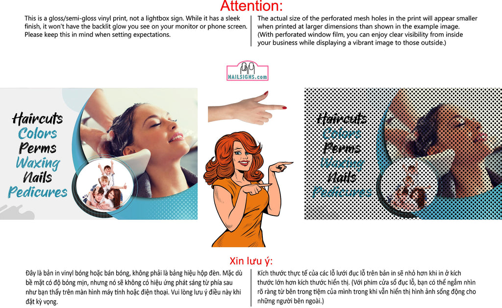 Family Hair 10 Perforated Mesh One Way Vision Window See-Through Sign Salon Vinyl Cut Haircut Horizontal