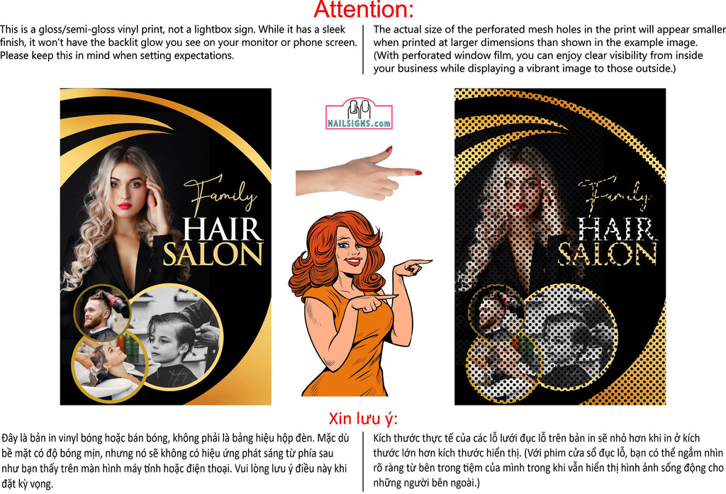 Family Hair 15 Perforated Mesh One Way Vision Window See-Through Sign Salon Vinyl Cut Haircut Vertical