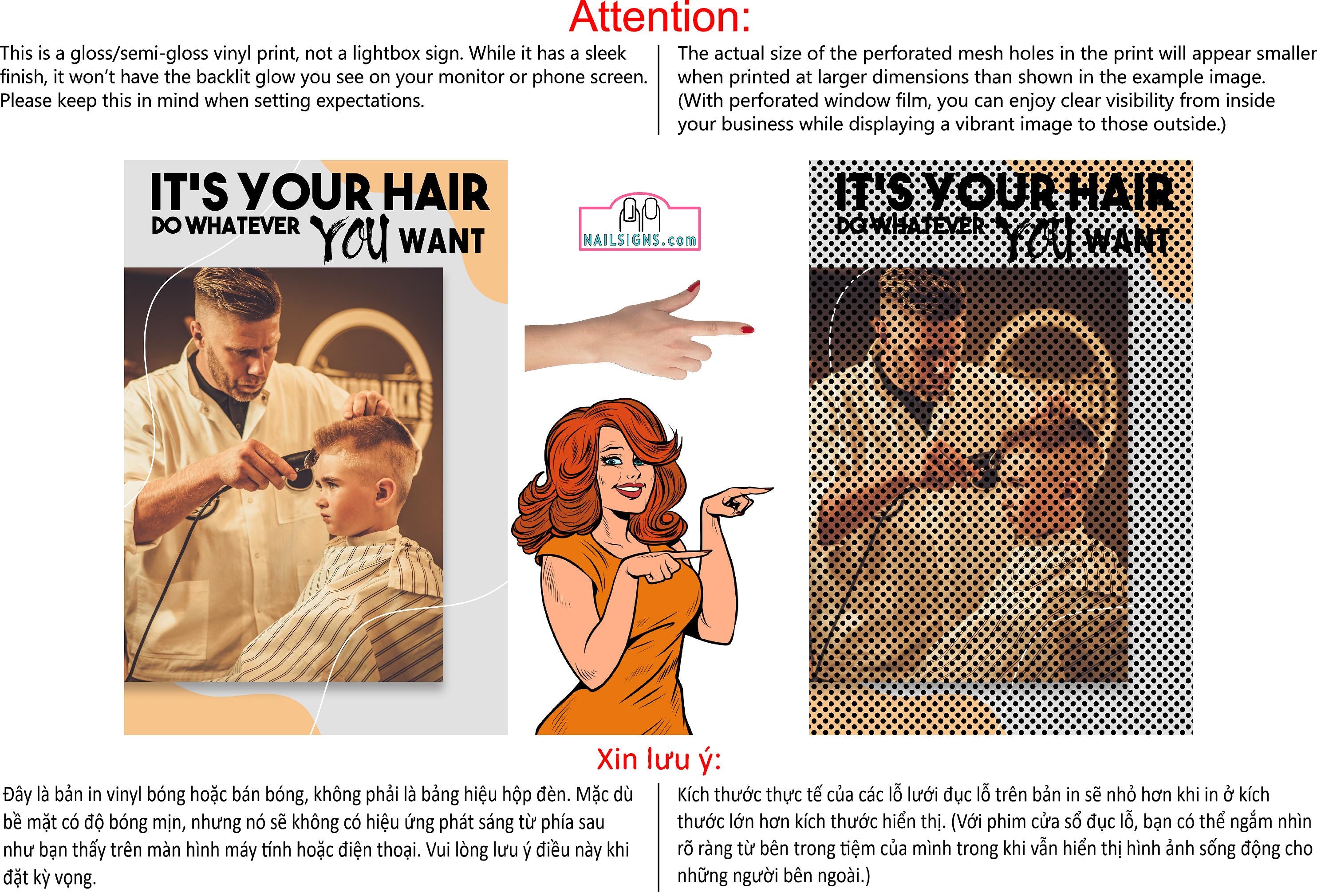 Family Hair 02 Perforated Mesh One Way Vision Window See-Through Sign Salon Vinyl Cut Haircut Vertical
