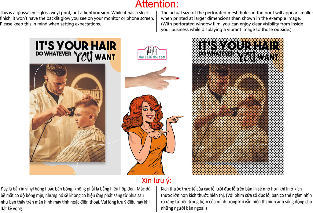Family Hair 02 Perforated Mesh One Way Vision Window See-Through Sign Salon Vinyl Cut Haircut Vertical