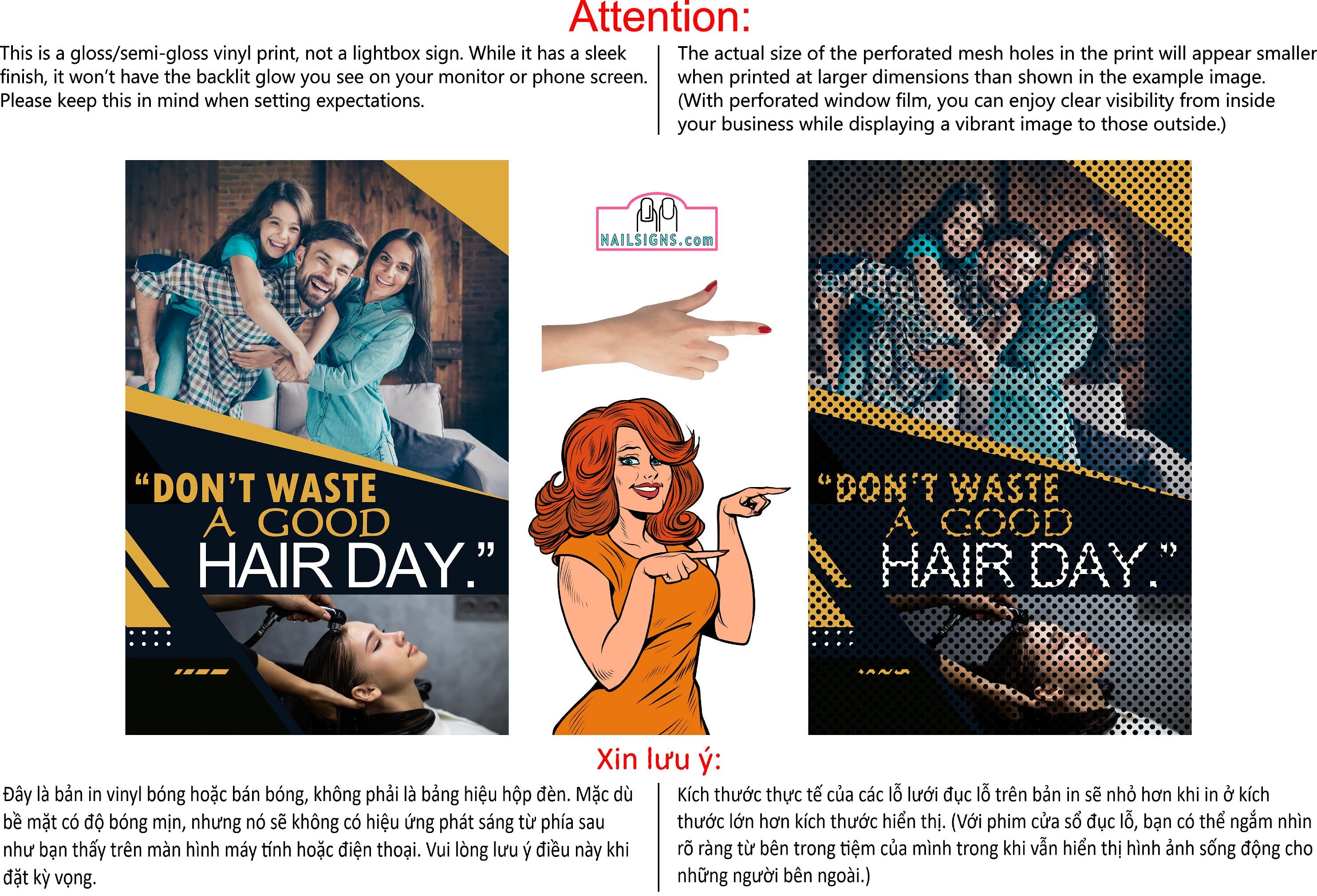 Family Hair 03 Perforated Mesh One Way Vision Window See-Through Sign Salon Vinyl Cut Haircut Vertical