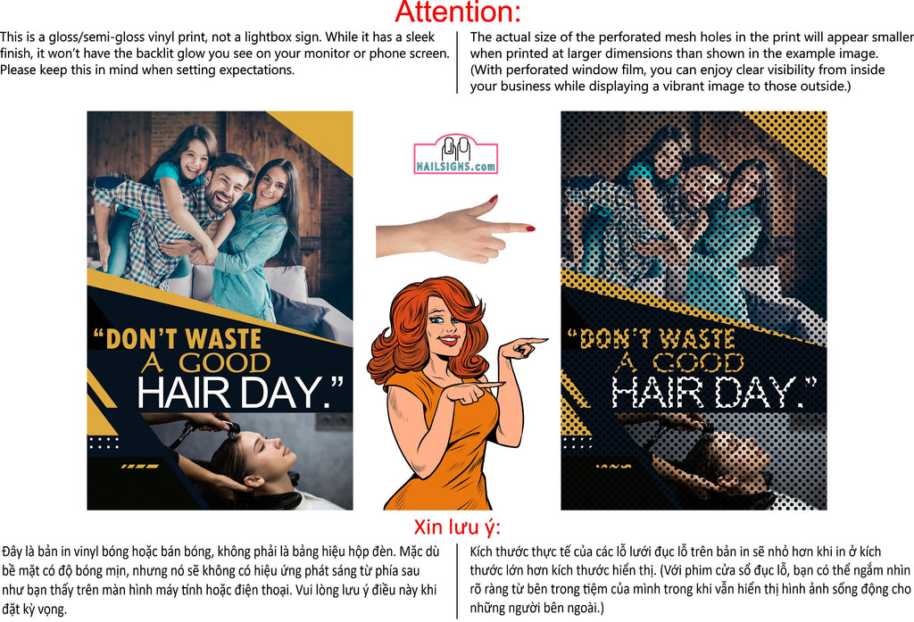 Family Hair 03 Perforated Mesh One Way Vision Window See-Through Sign Salon Vinyl Cut Haircut Vertical