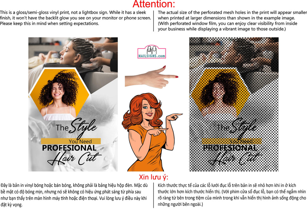 Family Hair 05 Perforated Mesh One Way Vision Window See-Through Sign Salon Vinyl Cut Haircut Vertical