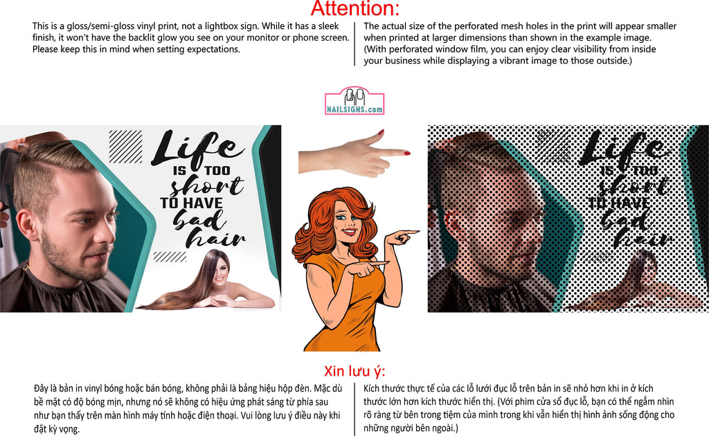 Family Hair 09 Perforated Mesh One Way Vision Window See-Through Sign Salon Vinyl Cut Haircut Horizontal