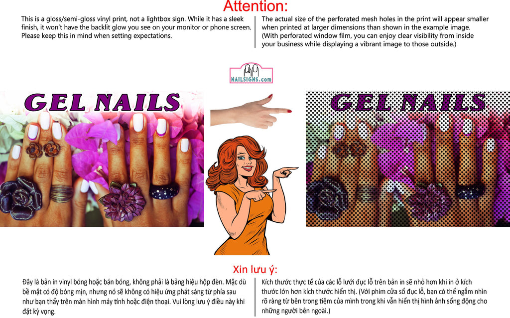 Gel 10 Perforated Mesh One Way Vision See-Through Window Vinyl Nail Salon Sign Horizontal