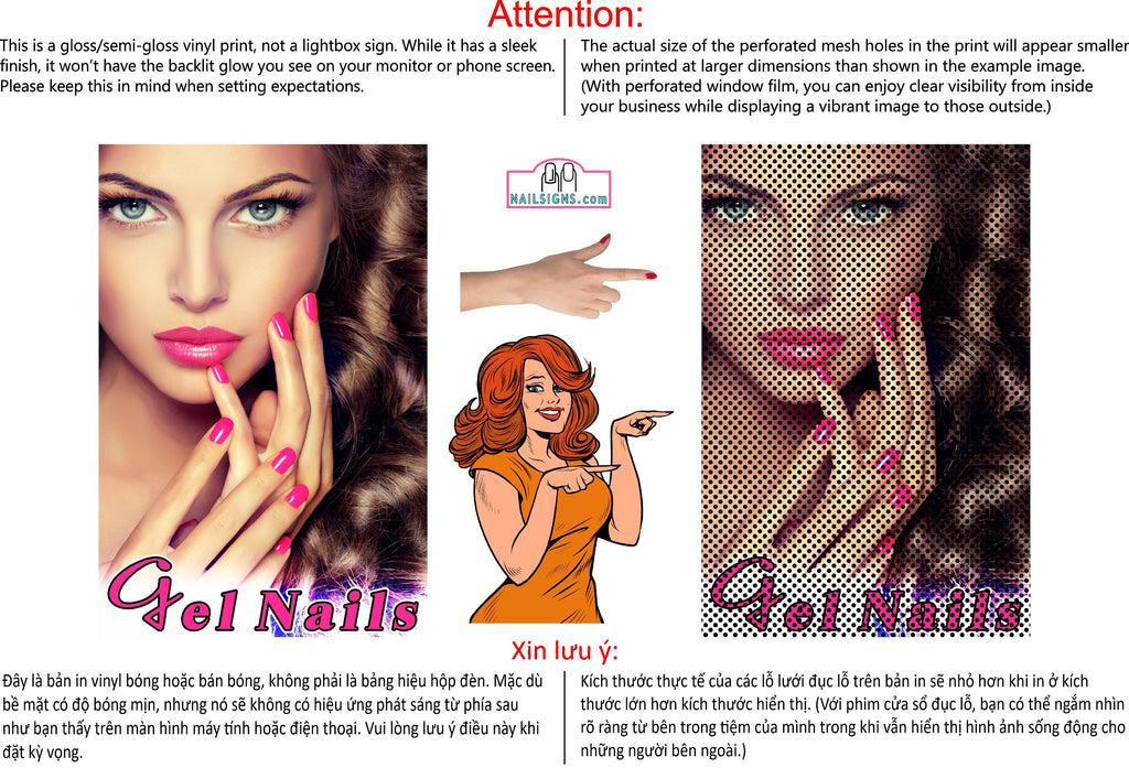 Gel 02 Perforated Mesh One Way Vision See-Through Window Vinyl Nail Salon Sign Vertical