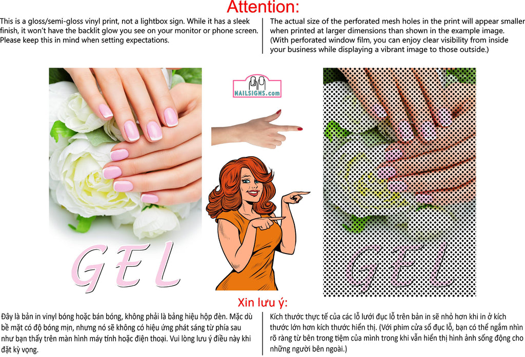 Gel 03 Perforated Mesh One Way Vision See-Through Window Vinyl Nail Salon Sign Vertical
