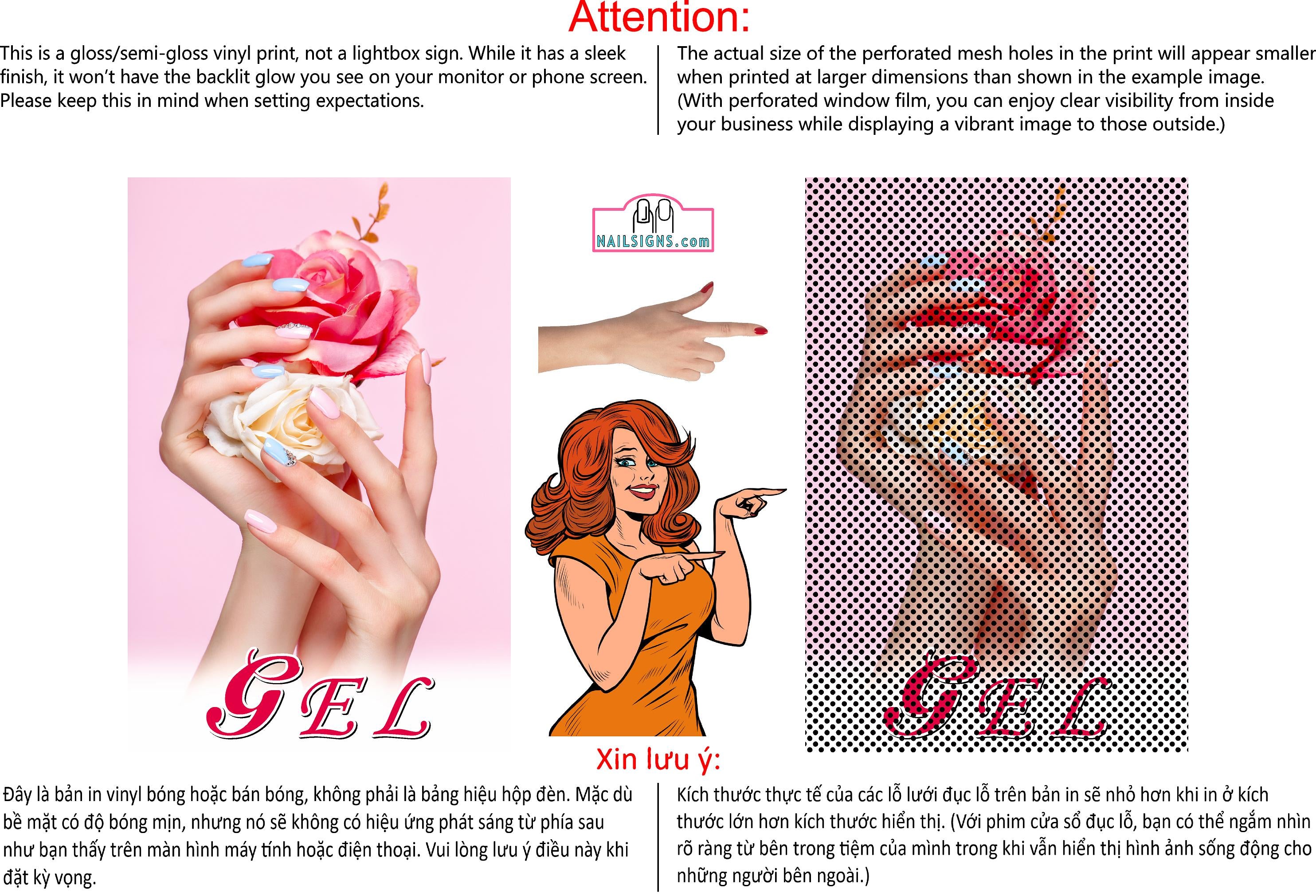 Gel 04 Perforated Mesh One Way Vision See-Through Window Vinyl Nail Salon Sign Vertical