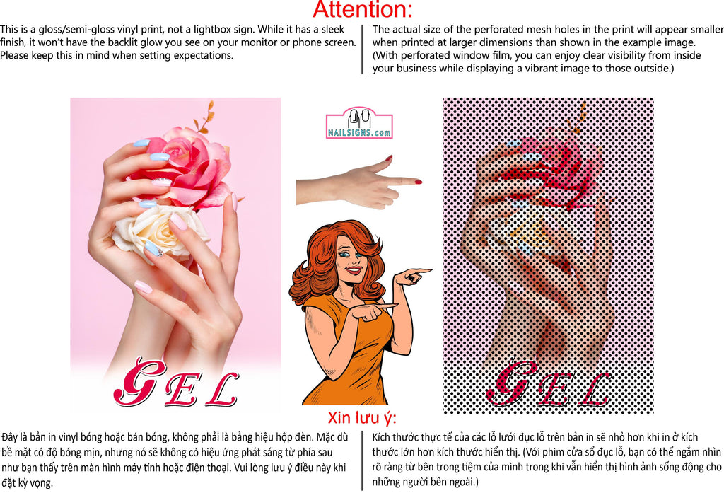 Gel 04 Perforated Mesh One Way Vision See-Through Window Vinyl Nail Salon Sign Vertical