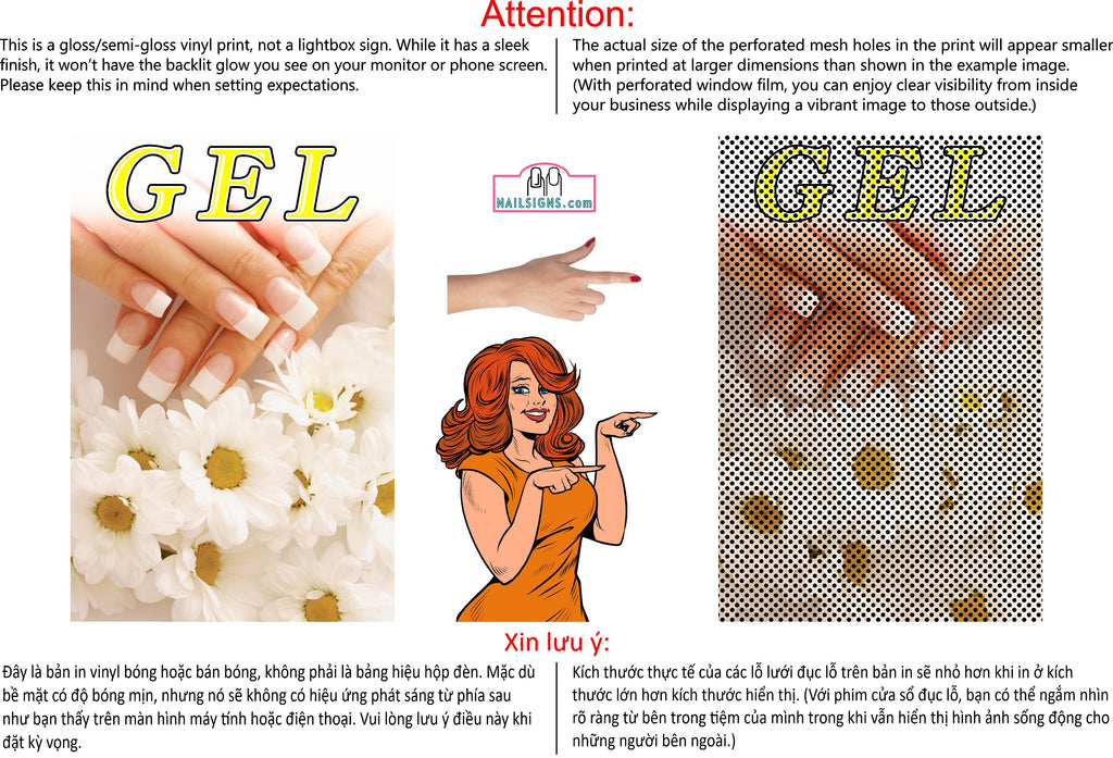 Gel 06 Perforated Mesh One Way Vision See-Through Window Vinyl Nail Salon Sign Vertical
