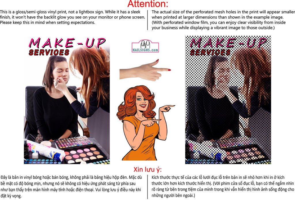 Make-Up 10 Perforated Mesh One Way Vision See-Through Window Vinyl Salon Sign Artist Vertical