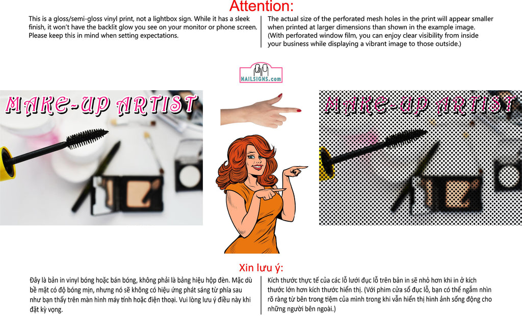 Make-Up 07 Perforated Mesh One Way Vision See-Through Window Vinyl Salon Sign Artist Horizontal