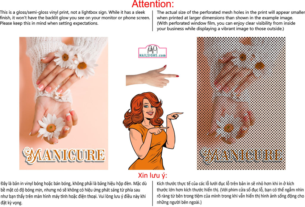 Manicure 10 Perforated Mesh One Way Vision See-Through Window Vinyl Nail Salon Sign Vertical