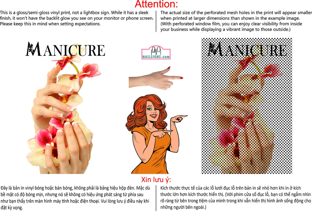 Manicure 11 Perforated Mesh One Way Vision See-Through Window Vinyl Nail Salon Sign Vertical