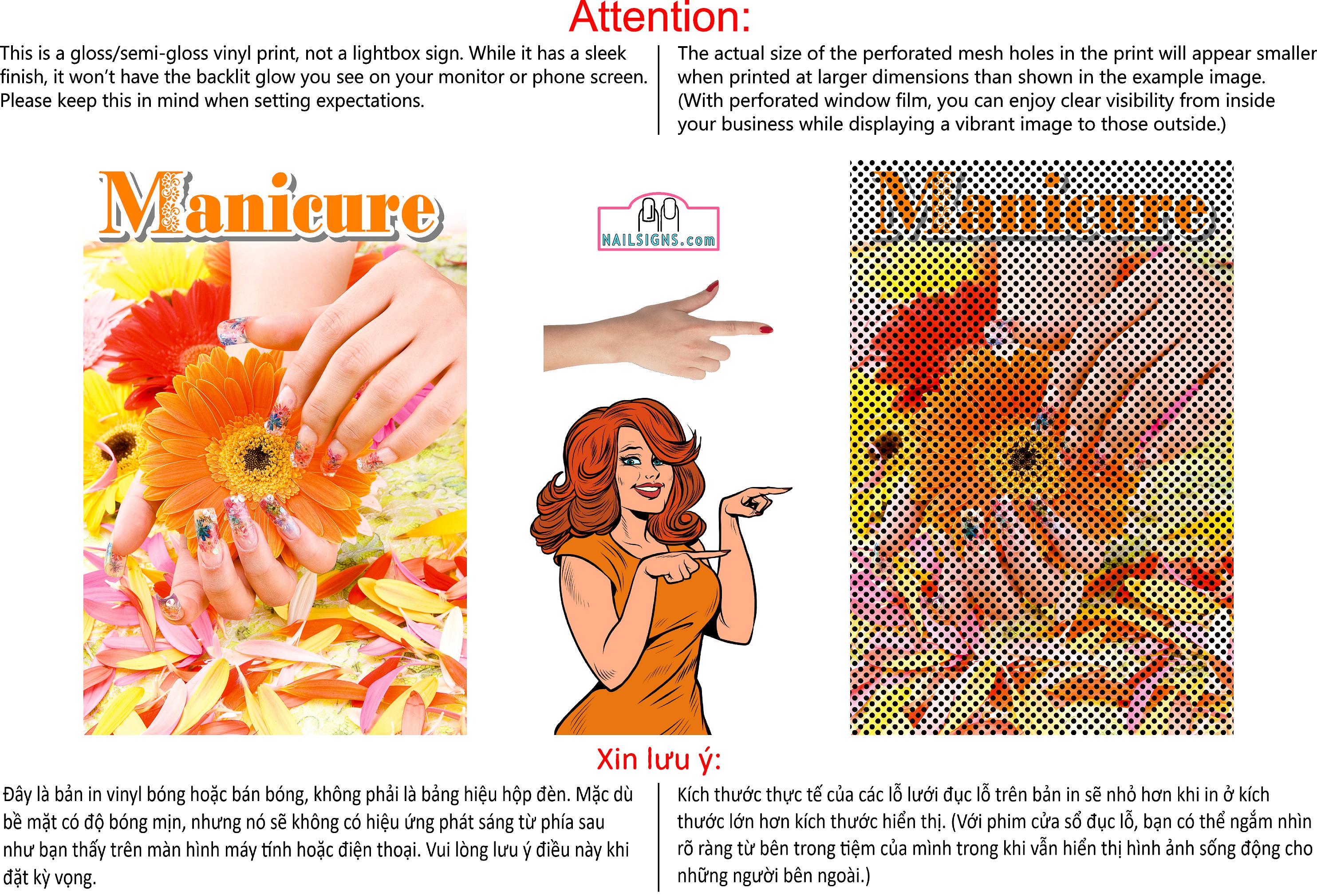 Manicure 12 Perforated Mesh One Way Vision See-Through Window Vinyl Nail Salon Sign Vertical