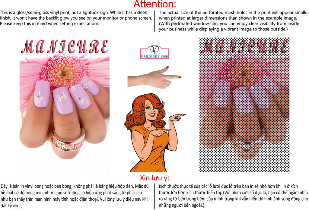 Manicure 16 Perforated Mesh One Way Vision See-Through Window Vinyl Nail Salon Sign Vertical