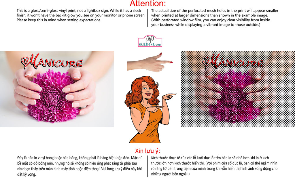 Manicure 17 Perforated Mesh One Way Vision See-Through Window Vinyl Nail Salon Sign Horizontal