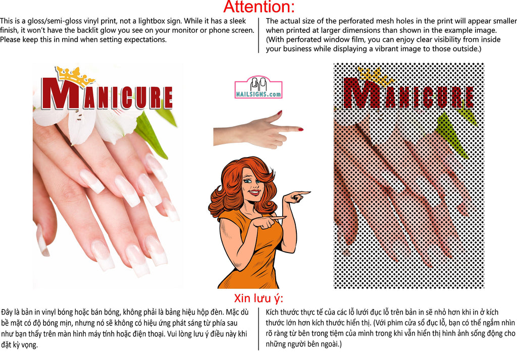 Manicure 19 Perforated Mesh One Way Vision See-Through Window Vinyl Nail Salon Sign Vertical