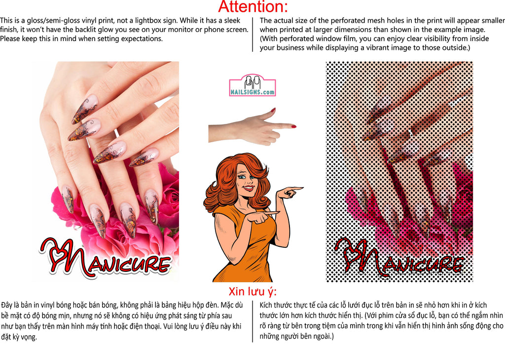 Manicure 20 Perforated Mesh One Way Vision See-Through Window Vinyl Nail Salon Sign Vertical