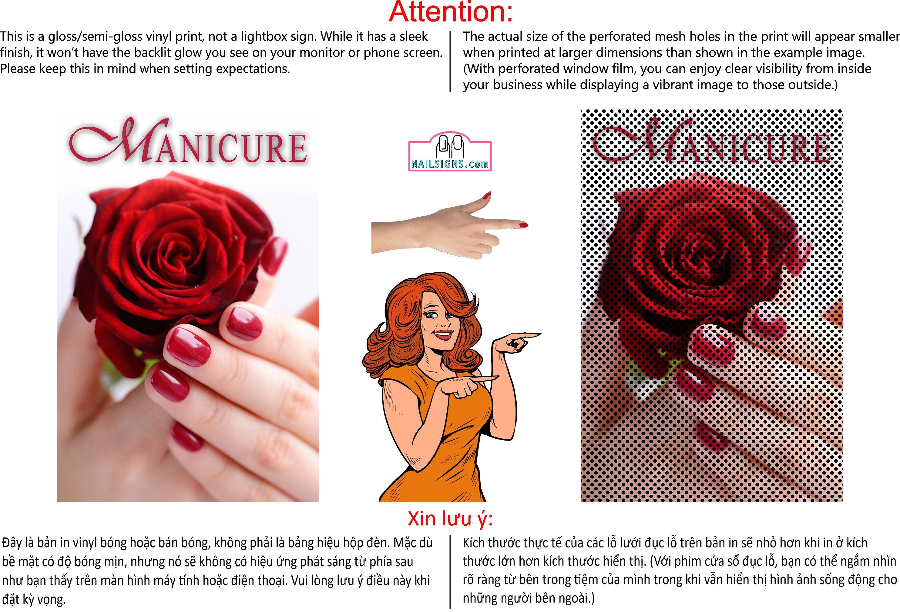 Manicure 21 Perforated Mesh One Way Vision See-Through Window Vinyl Nail Salon Sign Vertical