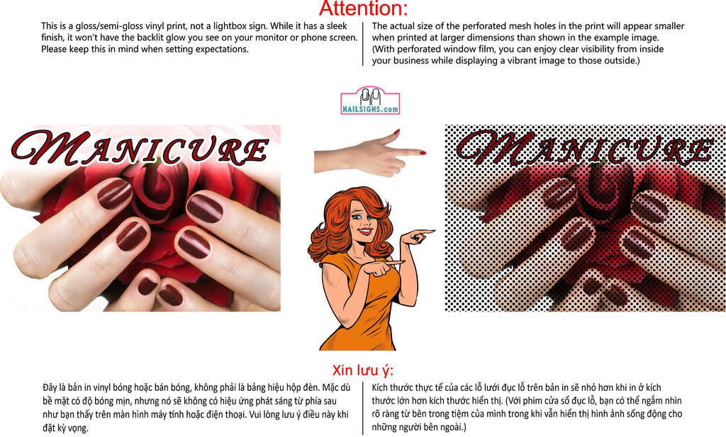 Manicure 24 Perforated Mesh One Way Vision See-Through Window Vinyl Nail Salon Sign Horizontal