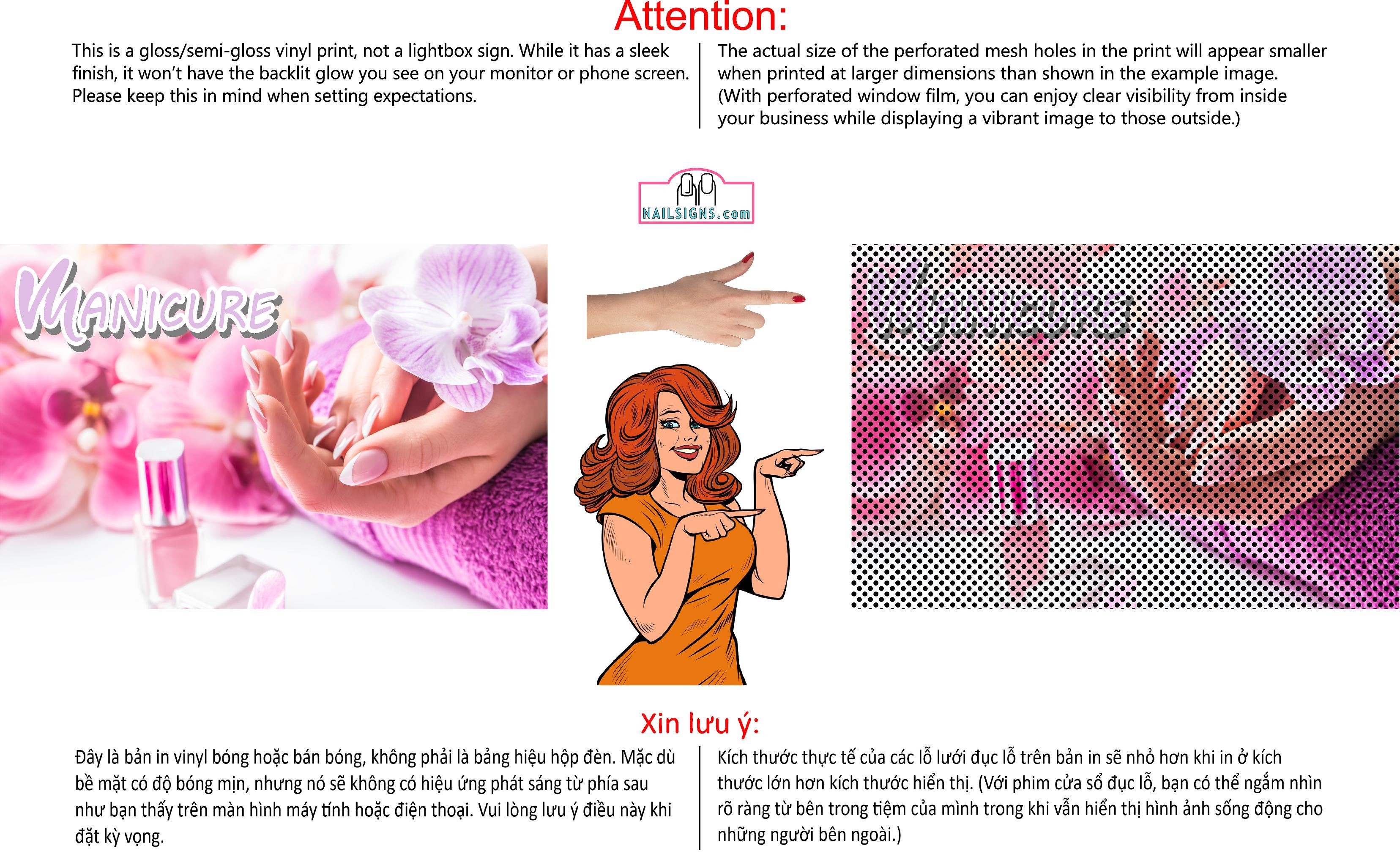 Manicure 05 Perforated Mesh One Way Vision See-Through Window Vinyl Salon Sign Horizontal