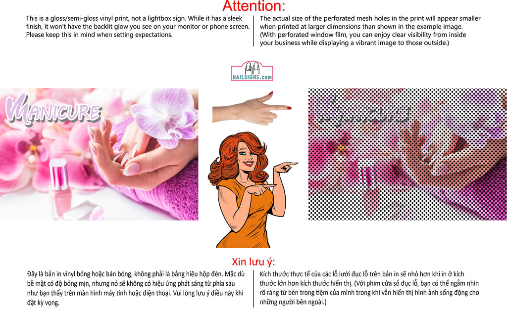 Manicure 05 Perforated Mesh One Way Vision See-Through Window Vinyl Salon Sign Horizontal